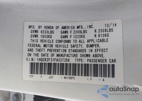 2015 Honda Accord Lx from USA, damaged, VIN 1HGCR2F31FA037398
